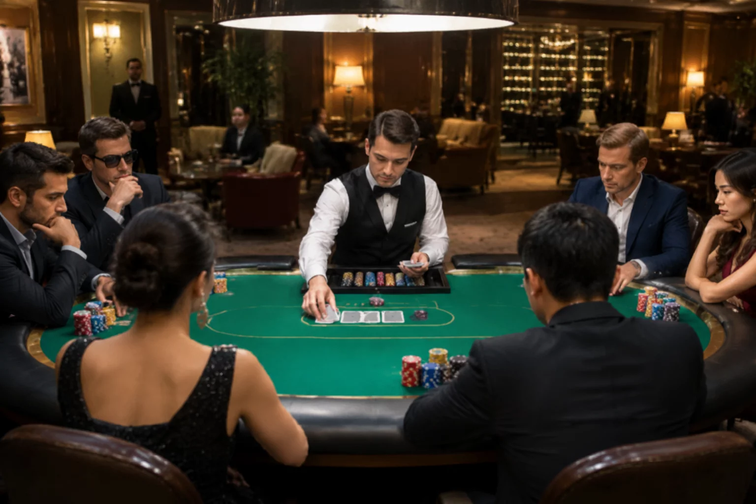 Uczestnicy turnieju sportowego Texas Holdem przy stole pokerowym
